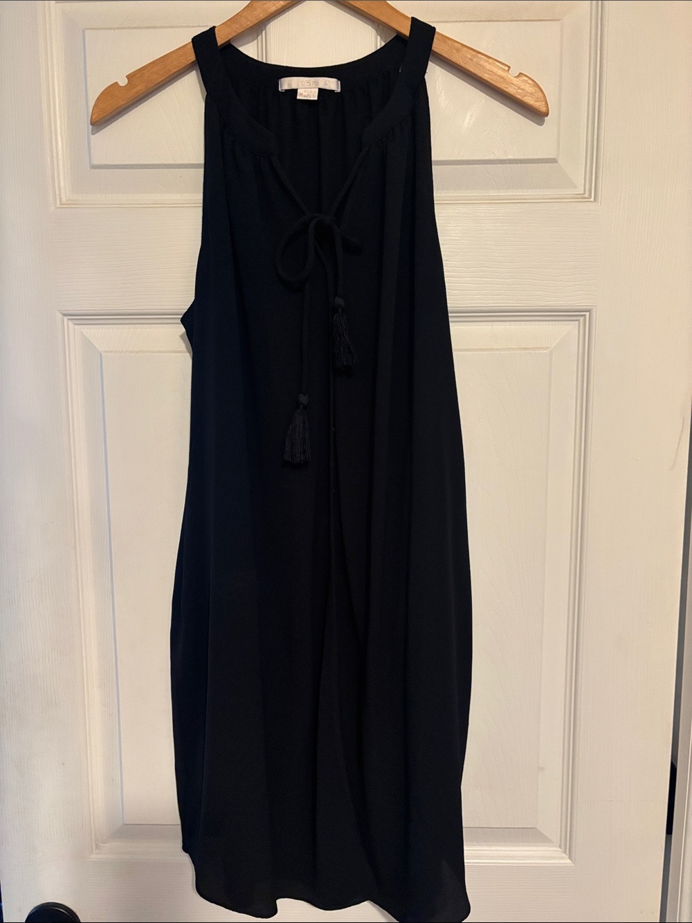 Sleeveless Black Midi Dress with Tie-Neck Tassels